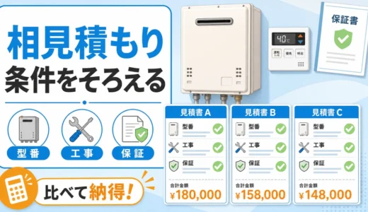 給湯器の相見積もりで型番、工事範囲、保証条件をそろえて比較するイメージ