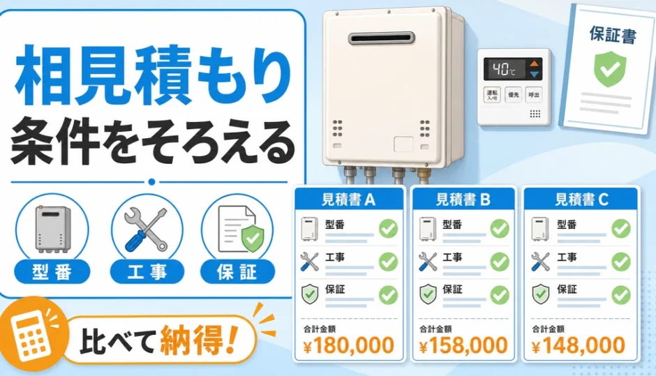 給湯器の相見積もりで型番、工事範囲、保証条件をそろえて比較するイメージ