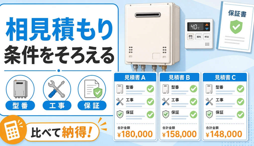 給湯器の相見積もりで型番、工事範囲、保証条件をそろえて比較するイメージ