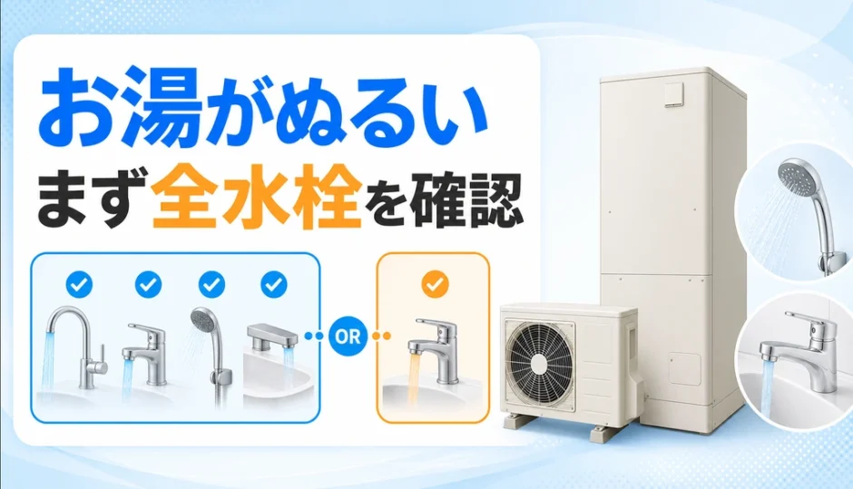 エコキュートのお湯がぬるい時に全水栓と一か所を比べるイメージ