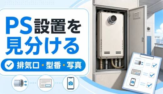 マンションのPS扉内給湯器で排気口・型番・写真を確認するイメージ
