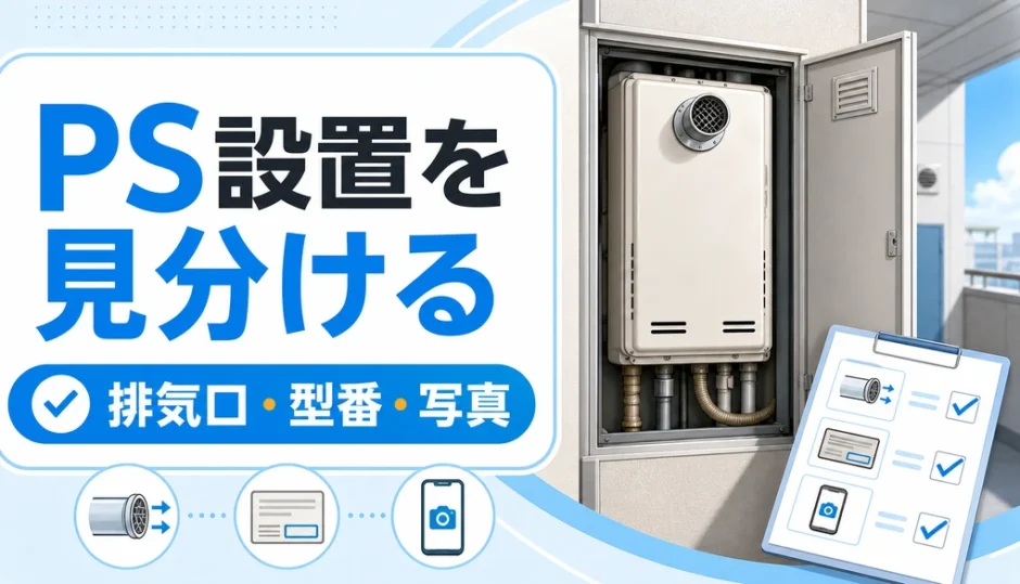 マンションのPS扉内給湯器で排気口・型番・写真を確認するイメージ