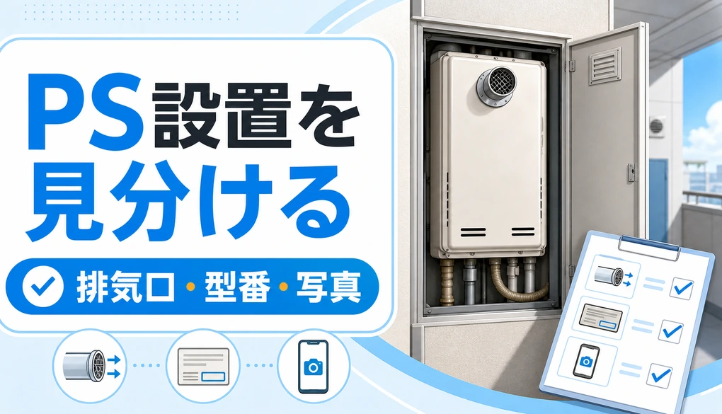 マンションのPS扉内給湯器で排気口・型番・写真を確認するイメージ