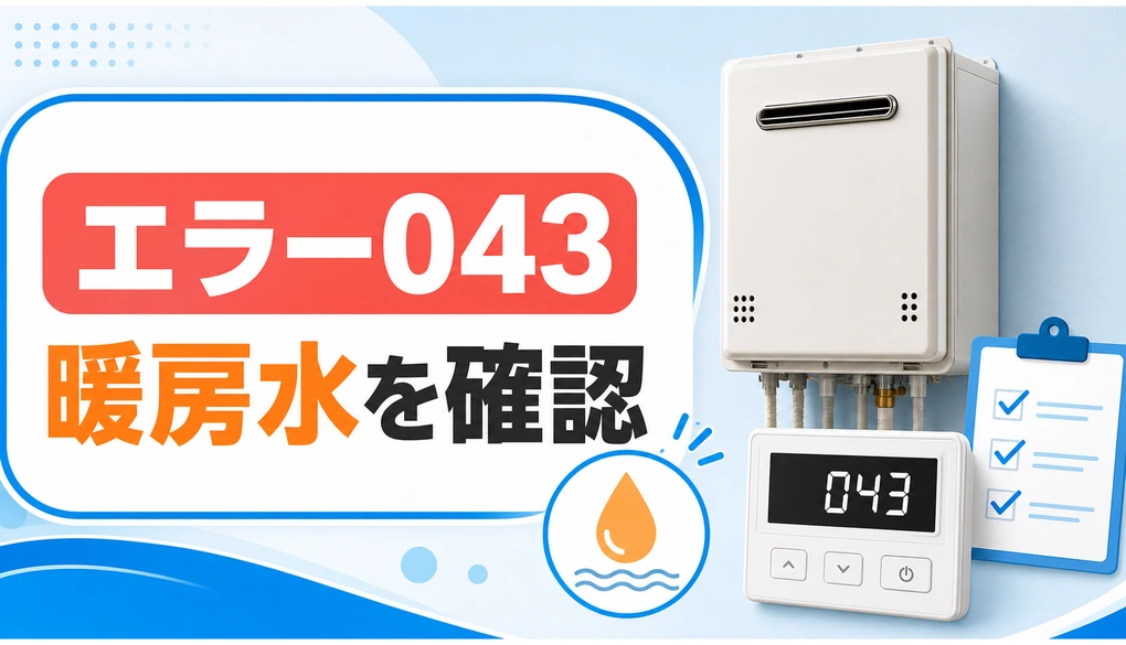ノーリツ給湯暖房用熱源機のエラー043と暖房水確認を示す画像