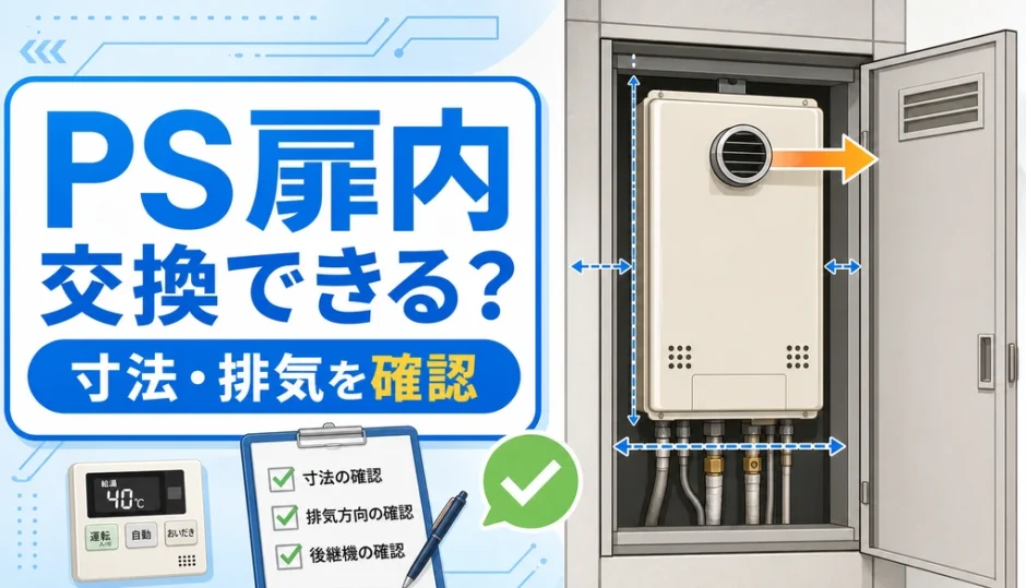 PS扉内の給湯器交換で寸法と排気方向を確認するイメージ