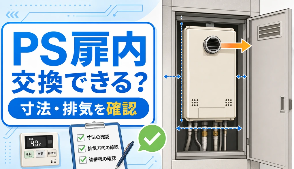 PS扉内の給湯器交換で寸法と排気方向を確認するイメージ