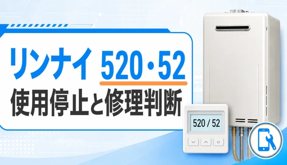 リンナイ給湯器のリモコンに520・52が表示され、使用停止と修理判断を促すサムネイル