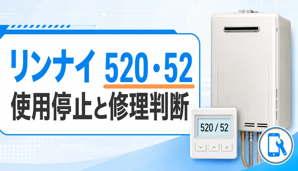 リンナイ給湯器のリモコンに520・52が表示され、使用停止と修理判断を促すサムネイル