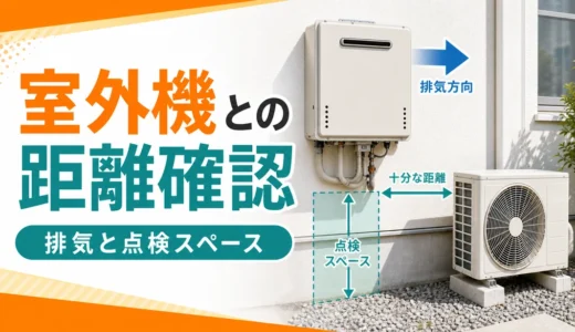 給湯器とエアコン室外機が近い配置で排気方向と点検スペースを確認するイメージ