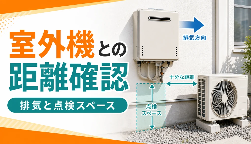 給湯器とエアコン室外機が近い配置で排気方向と点検スペースを確認するイメージ