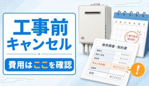 給湯器交換の工事前キャンセルで契約書とキャンセル料欄を確認するイメージ