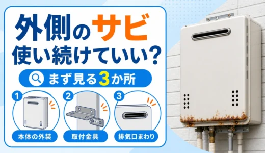 給湯器の外板、取付金具、排気口まわりを確認するイメージ