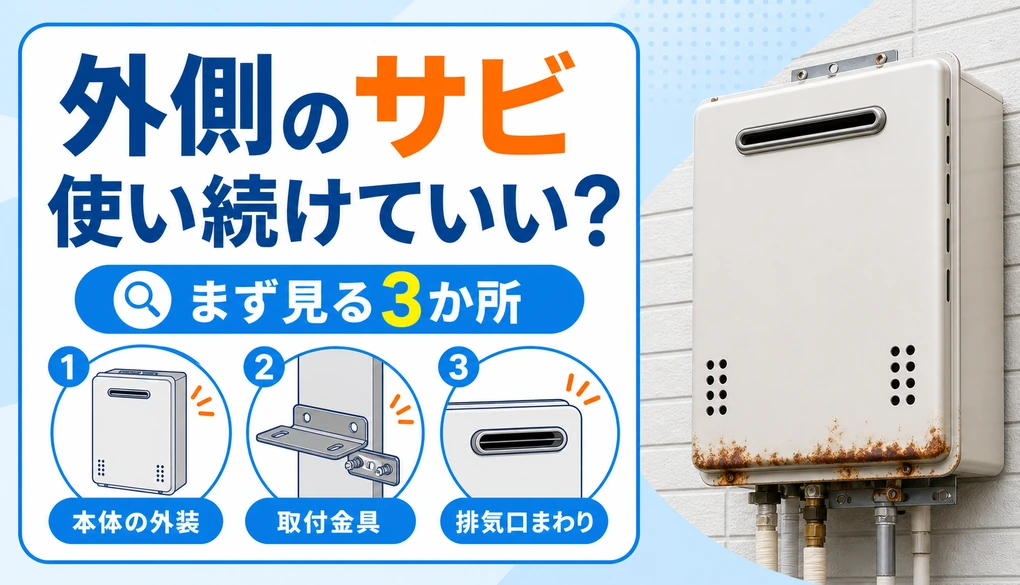 給湯器の外板、取付金具、排気口まわりを確認するイメージ