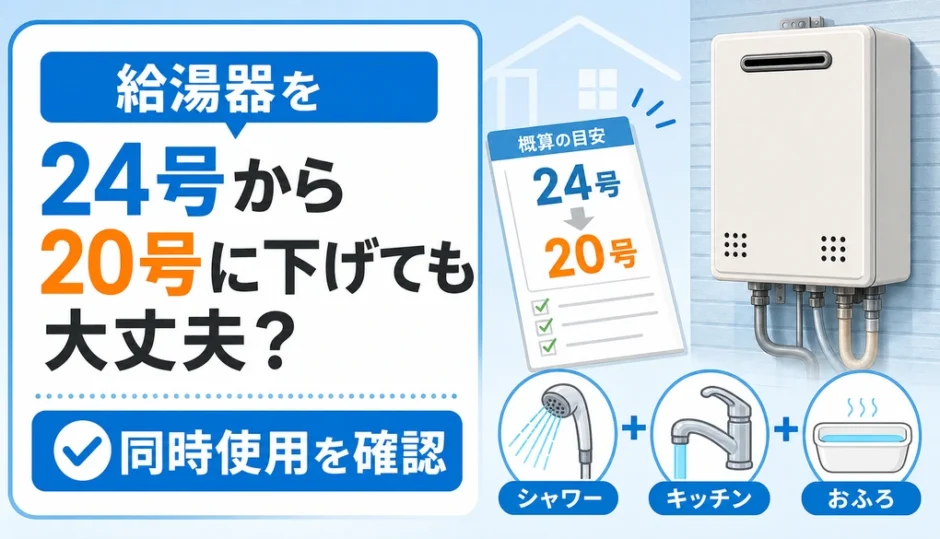 給湯器を24号から20号へ下げる前に同時使用を確認するイメージ