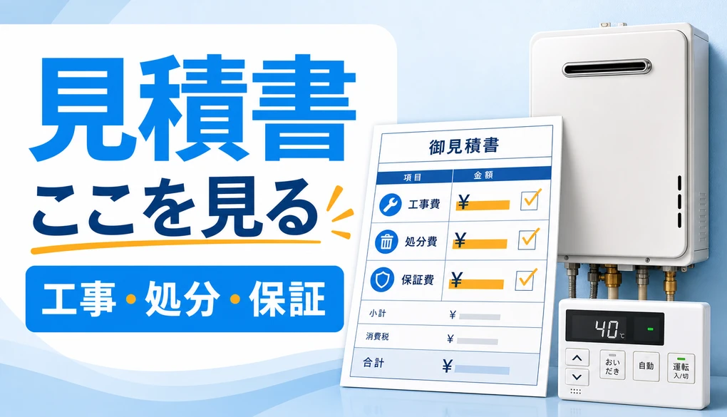 給湯器交換の見積書で工事費、処分費、保証欄を確認するイメージ
