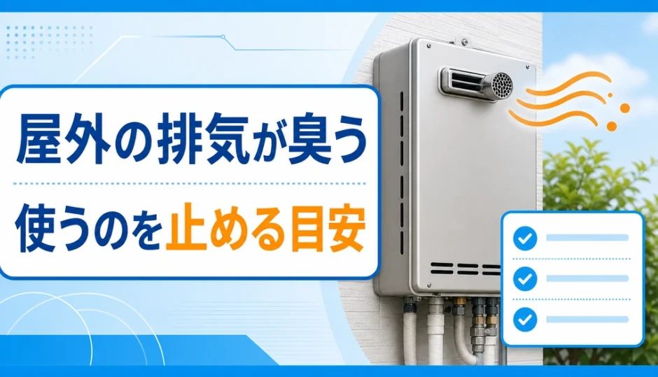 屋外の排気が臭う時に使用を止める目安を示す給湯器の図