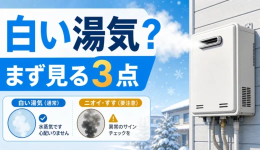 寒い屋外で給湯器の排気口から白い湯気が見える様子と確認点