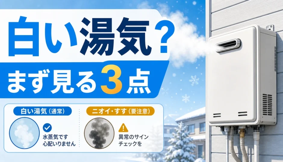 寒い屋外で給湯器の排気口から白い湯気が見える様子と確認点
