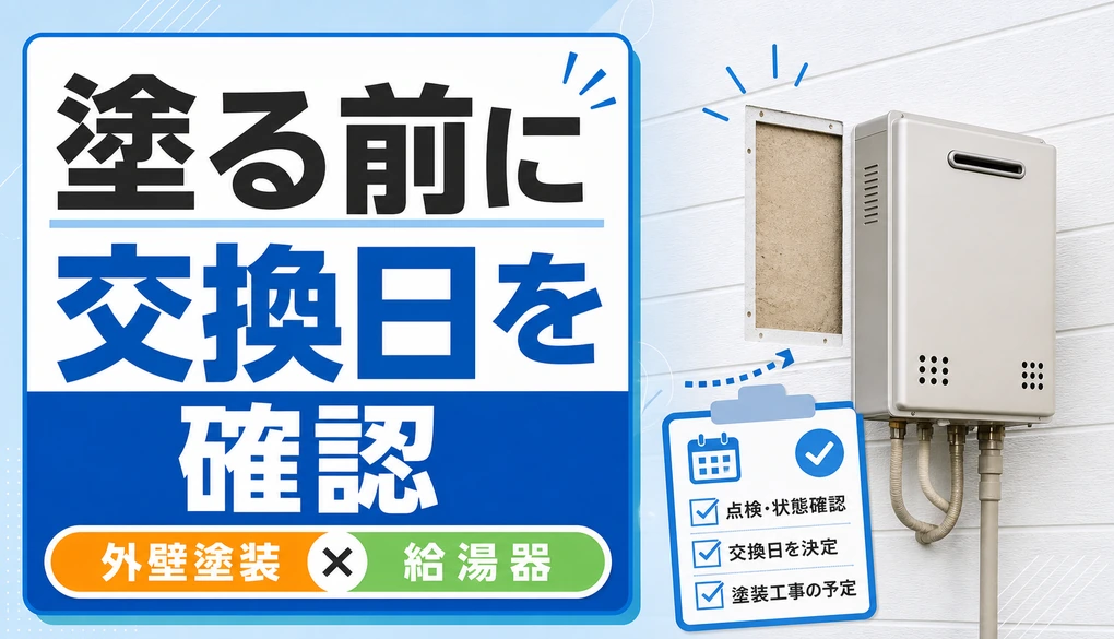 外壁塗装の前に給湯器の交換日を確認し、給湯器の裏の壁面を仕上げる順番を示すイメージ