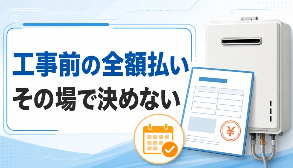 給湯器交換の工事前全額払いをその場で決めないよう促す契約確認のイメージ