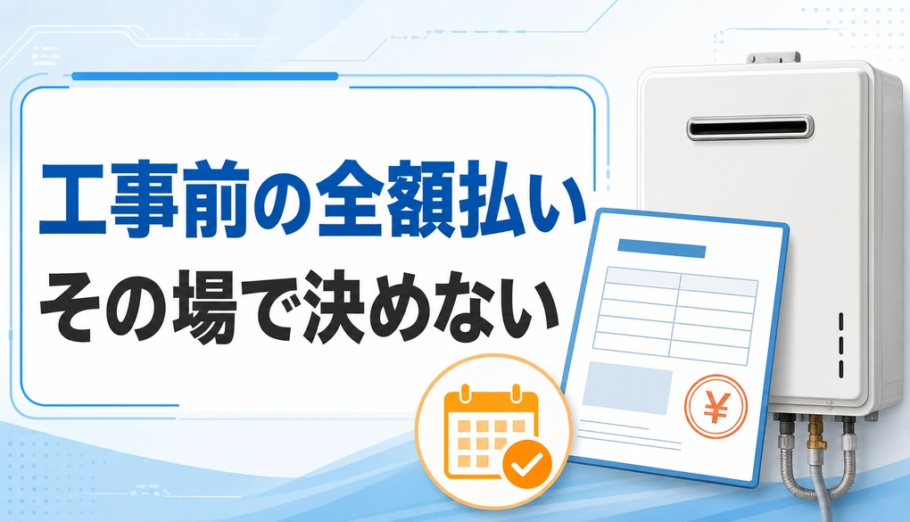 給湯器交換の工事前全額払いをその場で決めないよう促す契約確認のイメージ