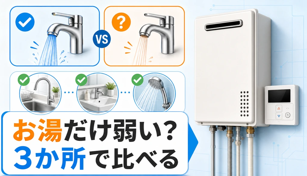 冷水は正常でもお湯だけ弱い時に、台所・洗面・浴室の3か所で比べる給湯器診断
