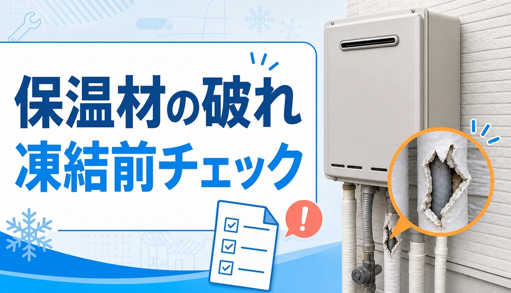 給湯器の配管保温材が破れて金属配管が見えている状態を凍結前に確認するイメージ