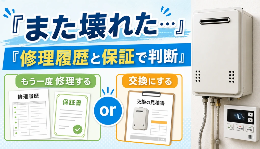 修理後にまた壊れた給湯器を修理履歴・保証書と交換見積もりで判断するイメージ