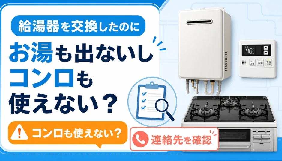 給湯器交換後にお湯もコンロも使えない時に連絡先を確認するイメージ