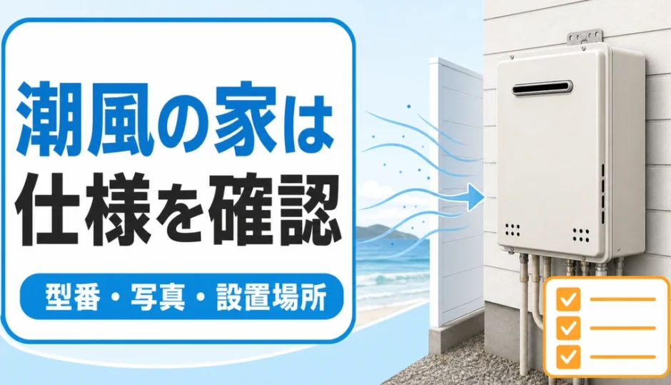 潮風が当たる家で給湯器の型番・写真・設置場所を確認するイメージ