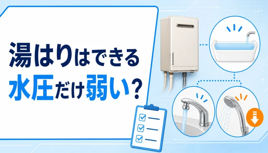 湯はりはできるが水圧だけ弱い時に確認する冷水・お湯・場所の比較を示した図