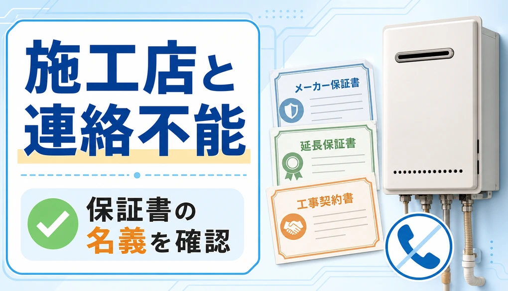 施工店と連絡できない時にメーカー保証書、延長保証書、工事契約書の名義を確認するイメージ
