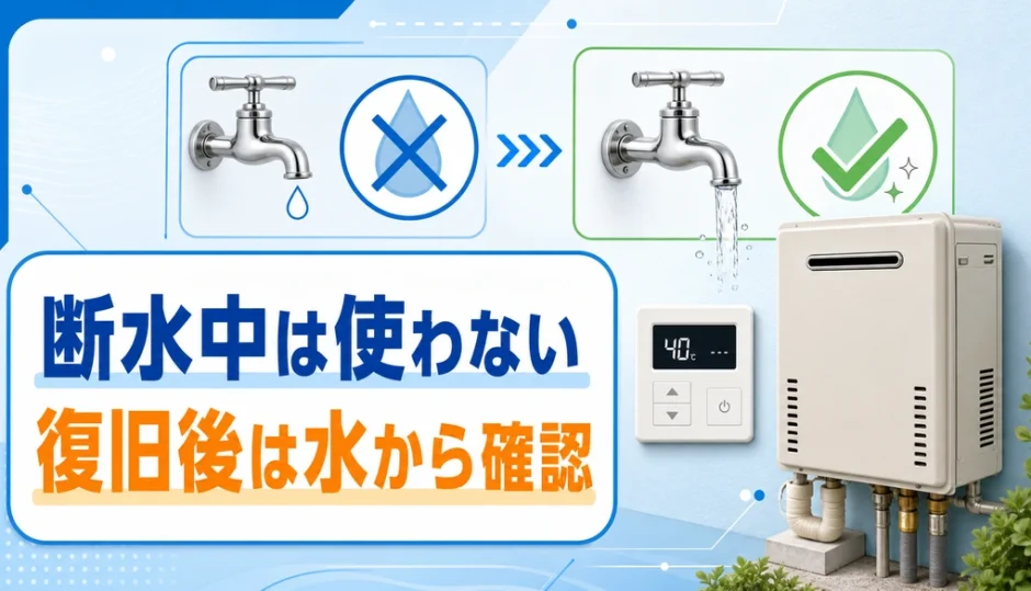 断水中は使わず、復旧後に水を確認してから給湯器を再開する流れ