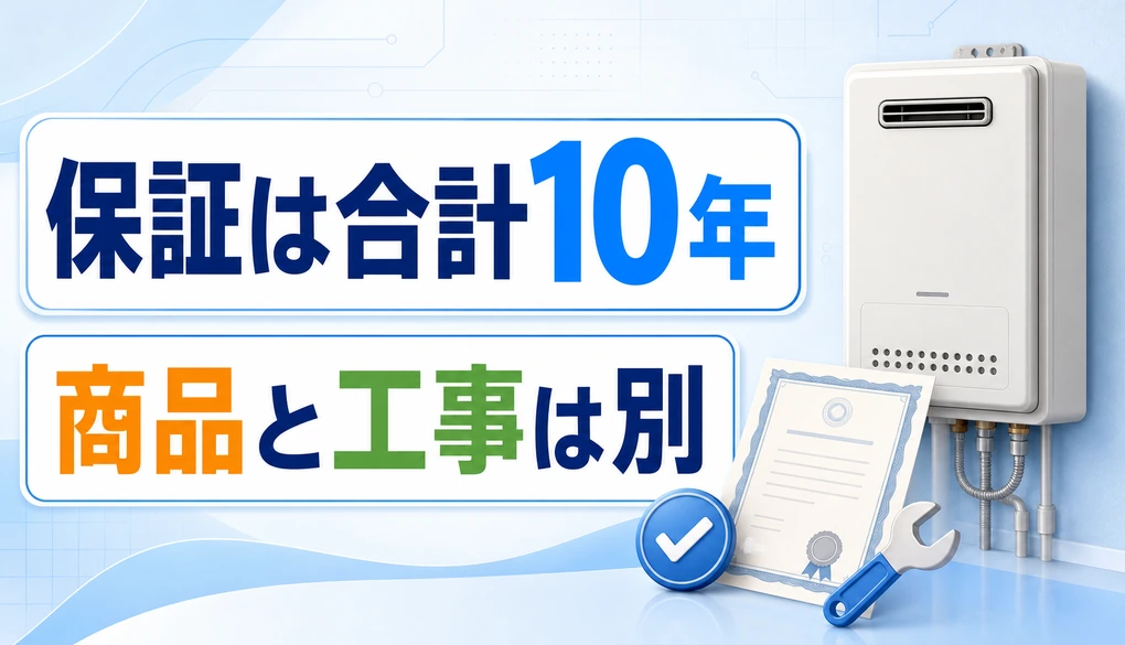 ヤマダ電機の給湯器保証は合計10年で商品保証と工事保証が別であることを示す画像