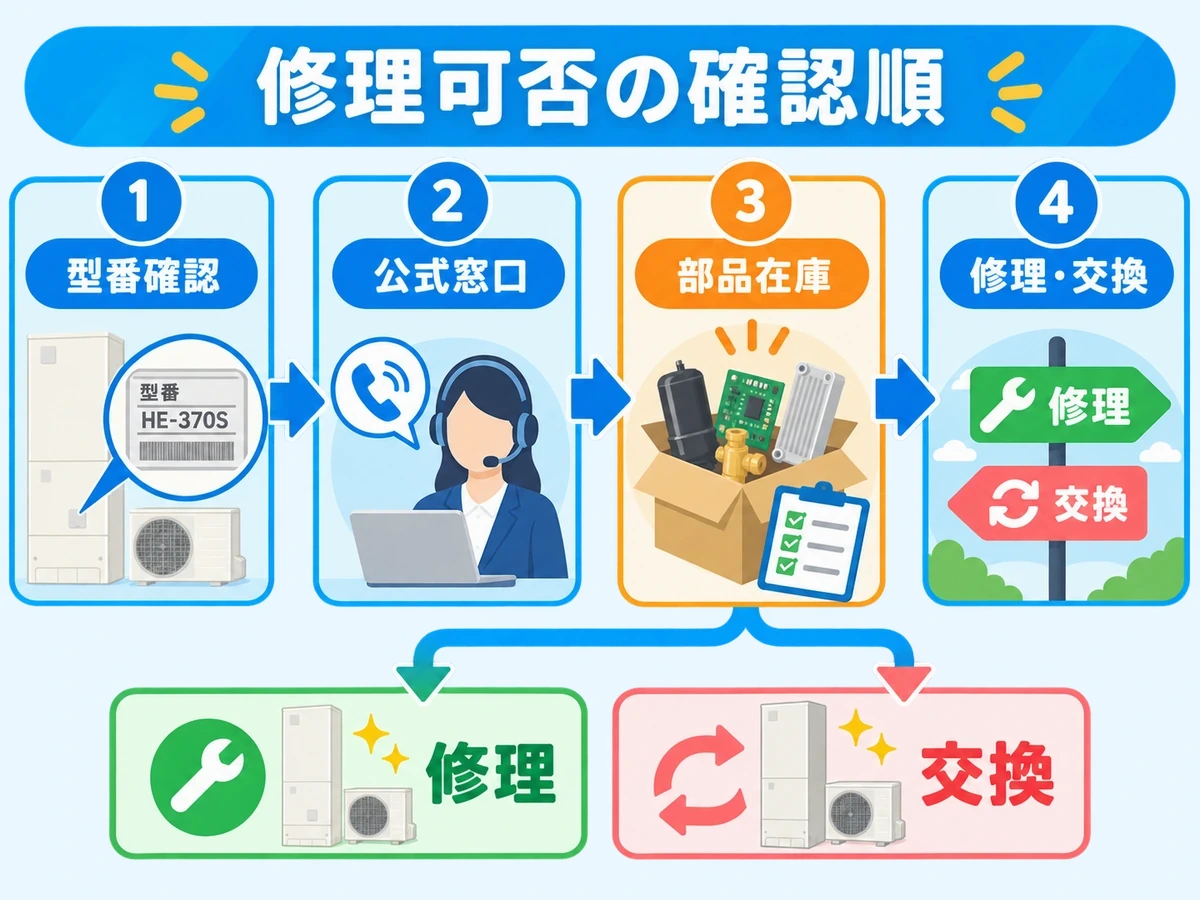 生産終了エコキュートの修理可否を型番・窓口・部品在庫の順に確認する流れ