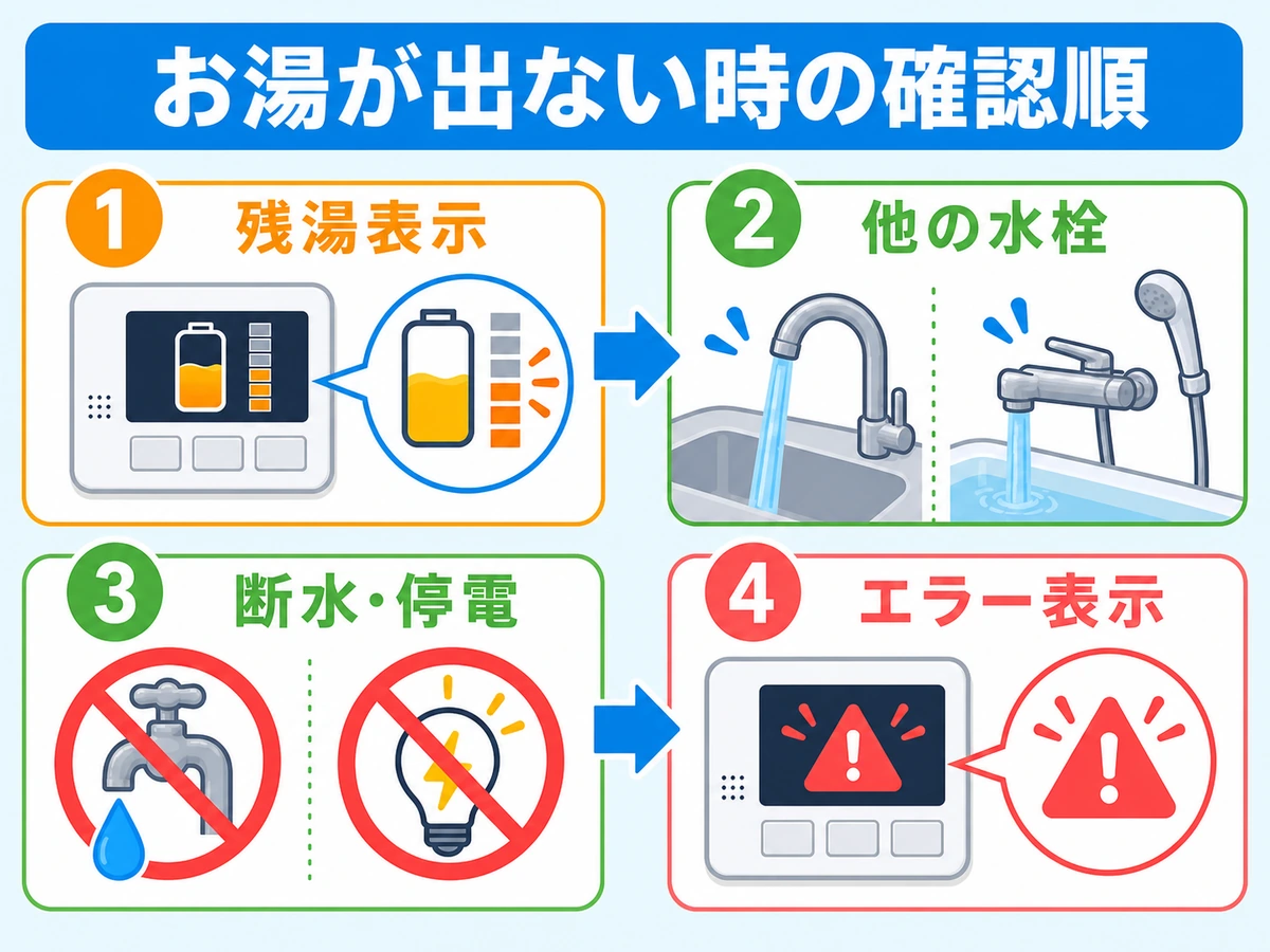 エコキュートでお湯が出ない時に残湯表示、他の水栓、断水・停電、エラー表示を順に確認する図