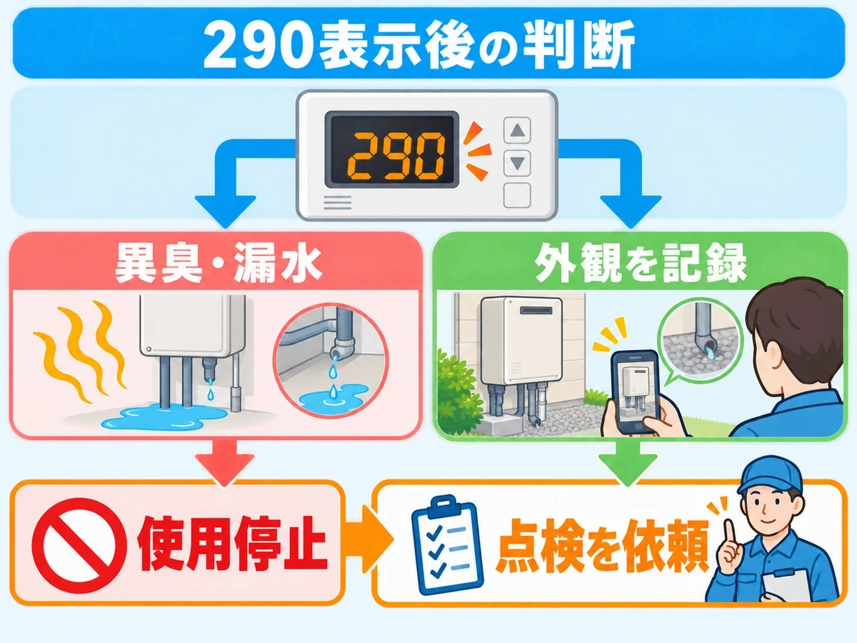 290表示後に異臭や漏水なら使用を止め、異常がなければ外観を記録して点検を依頼する流れ