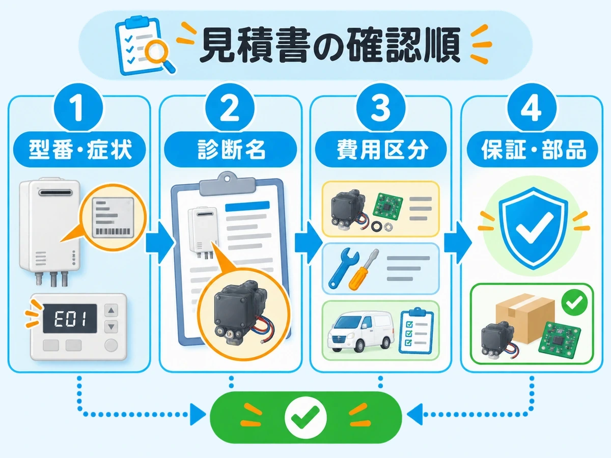 型番・症状、診断名、費用区分、保証・部品の順にエコジョーズ修理見積もりを確認する図