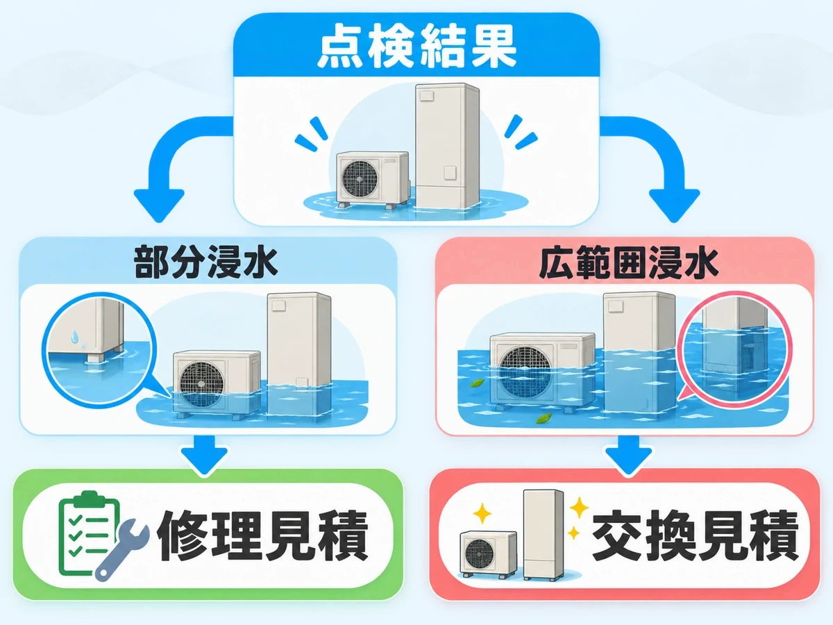 冠水したエコキュートの点検結果から修理見積もりと交換見積もりへ分ける判断図