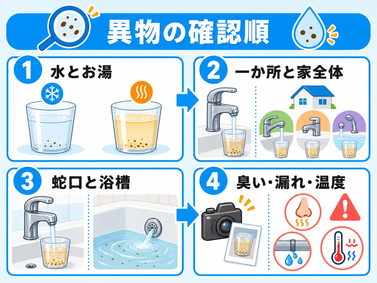お湯の異物を水とお湯、一か所と家全体、蛇口と浴槽、併発症状の順で確認する図