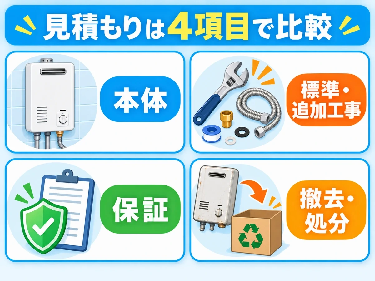 瞬間湯沸かし器の見積もりを本体・工事・保証・撤去処分の4項目で比べる図