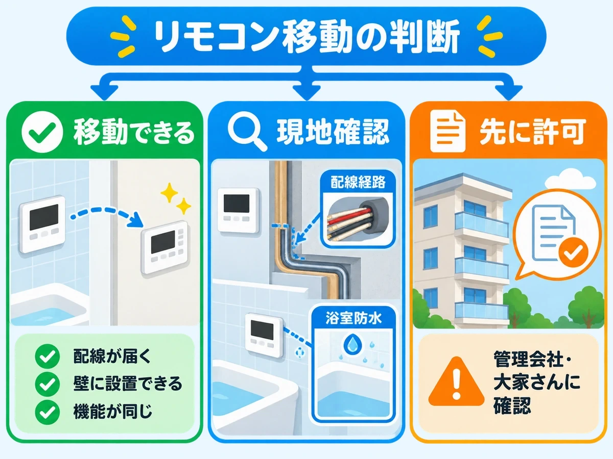 給湯器リモコン移動を移動できる、現地確認、先に許可の3区分で示す判断図