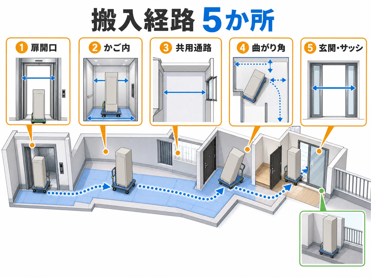 エレベーター扉から玄関・サッシまでエコキュート搬入経路の5か所を測る図