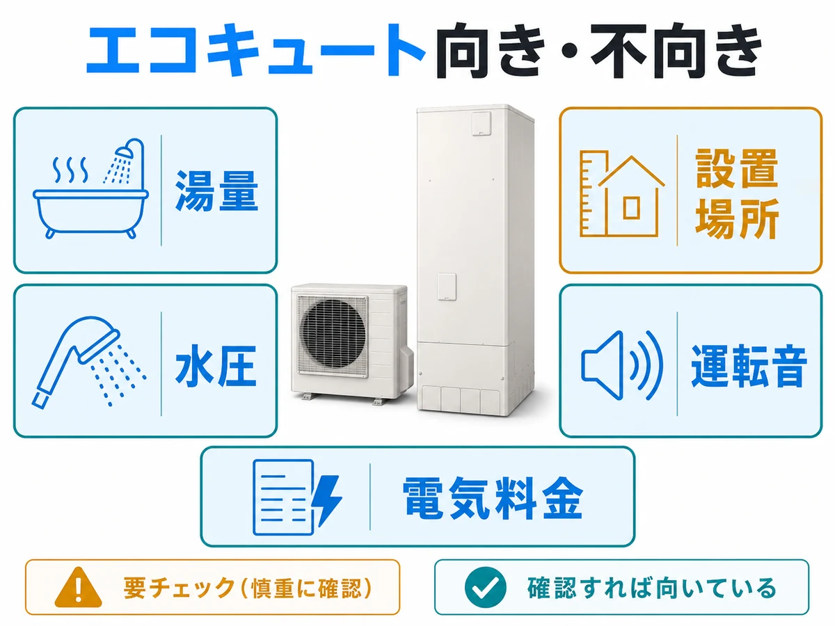 エコキュートの向き不向きを湯量・水圧・設置場所・運転音・電気料金で確認する図