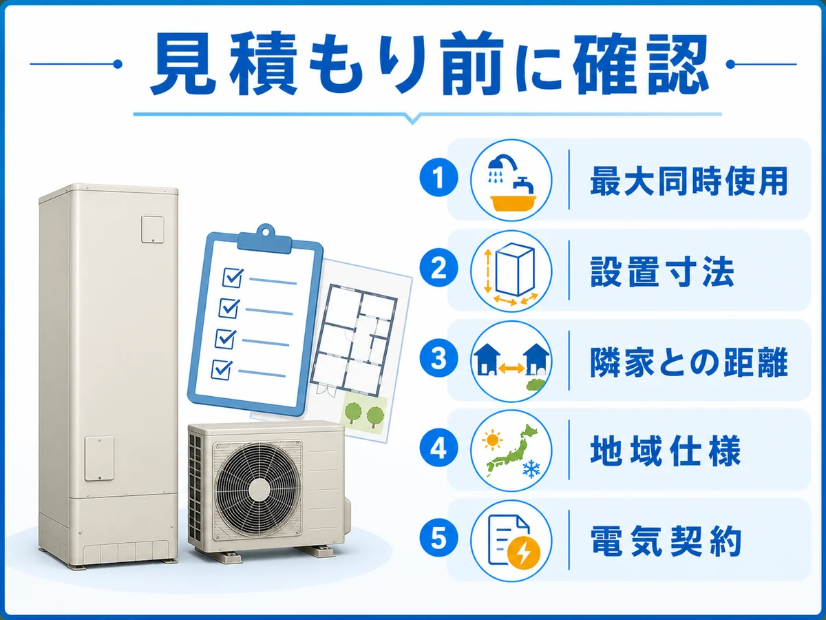エコキュートの見積もり前に最大同時使用・設置寸法・隣家との距離・地域仕様・電気契約を確認する図