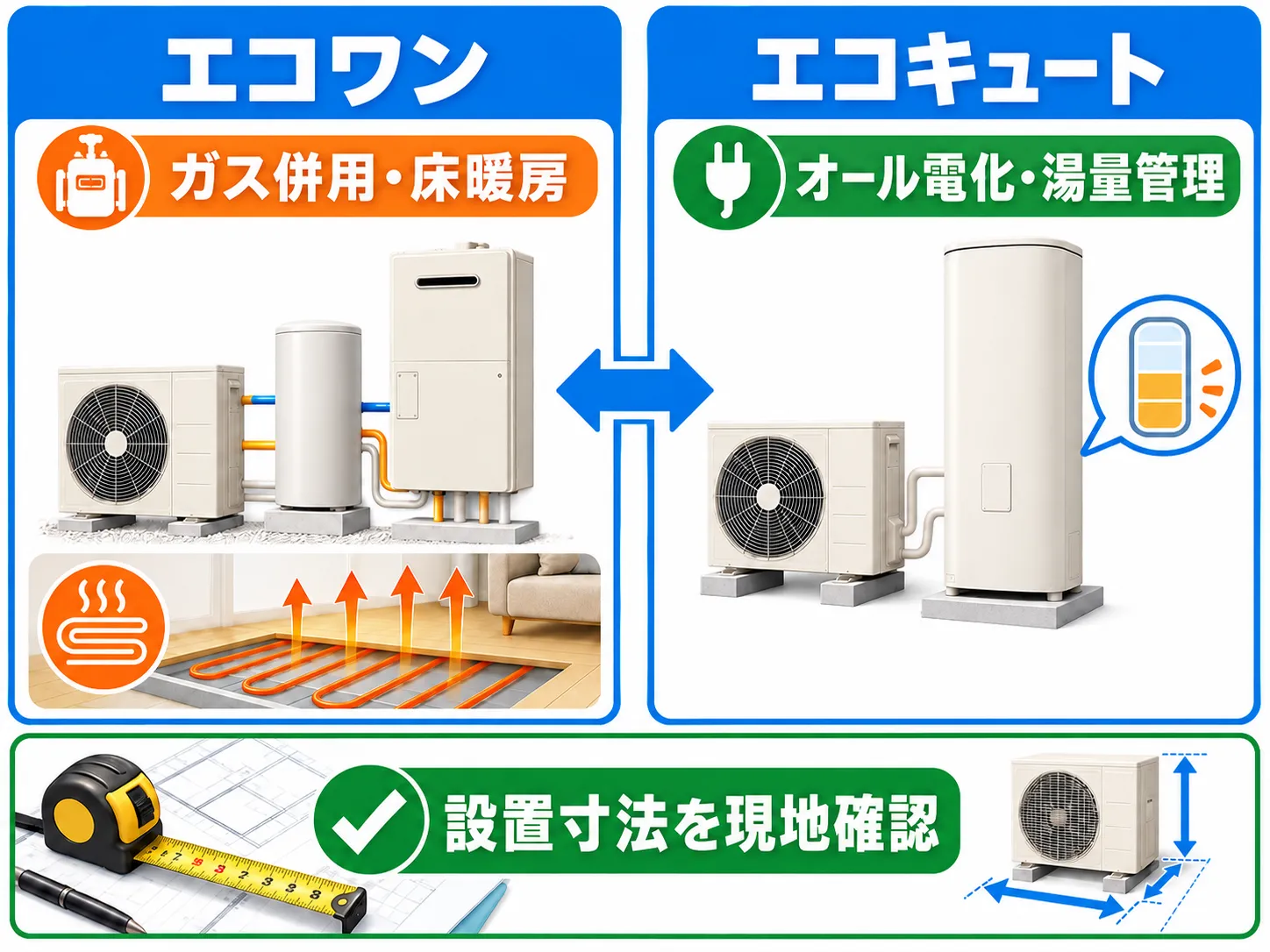 エコワンとエコキュートをガス併用・床暖房、オール電化・湯量管理、設置寸法で比べる図