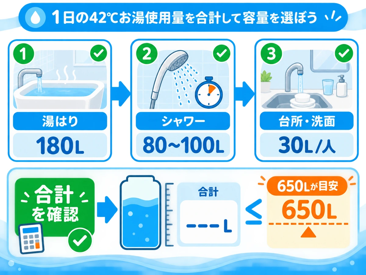 湯はり・シャワー・台所洗面の使用量を足して650Lと比べる手順