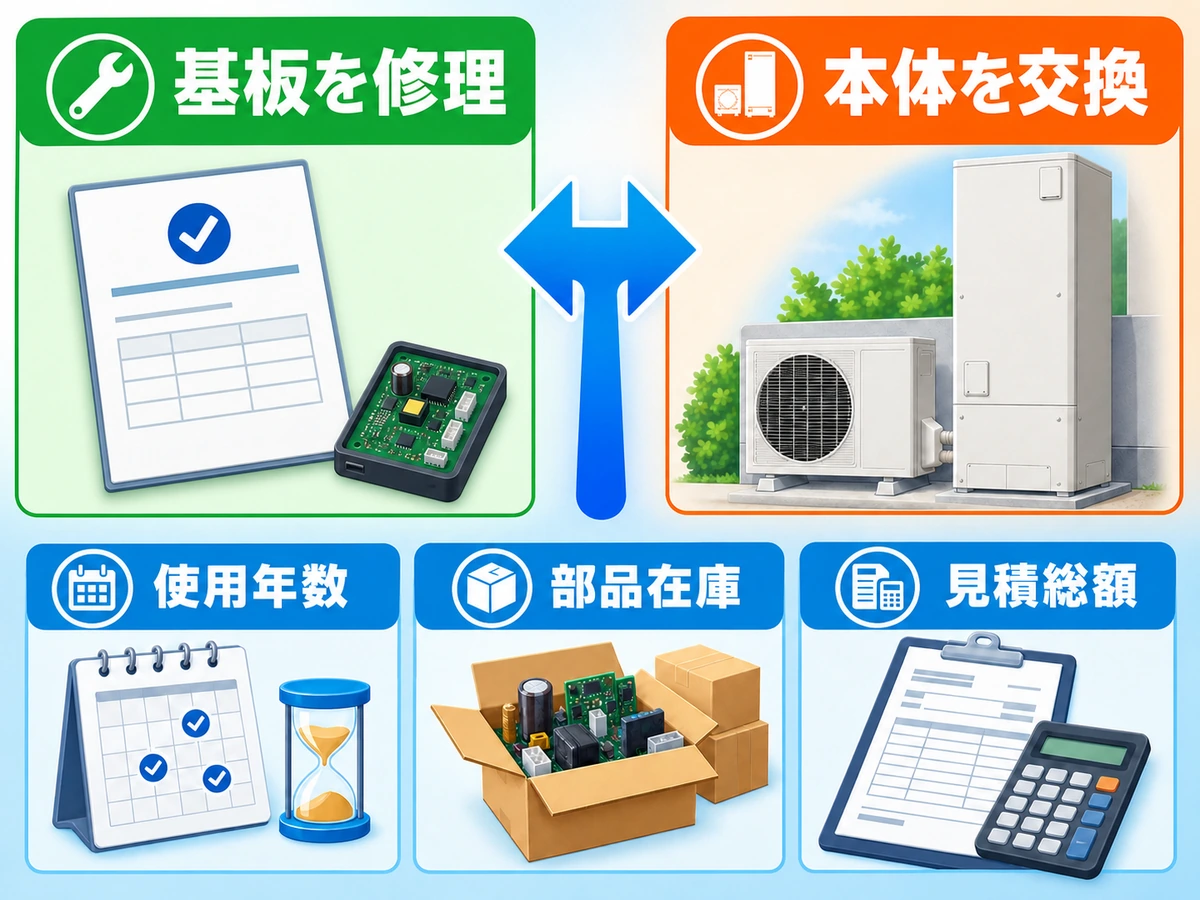 エコキュートの基板修理と本体交換を使用年数・部品在庫・見積総額で比べる図