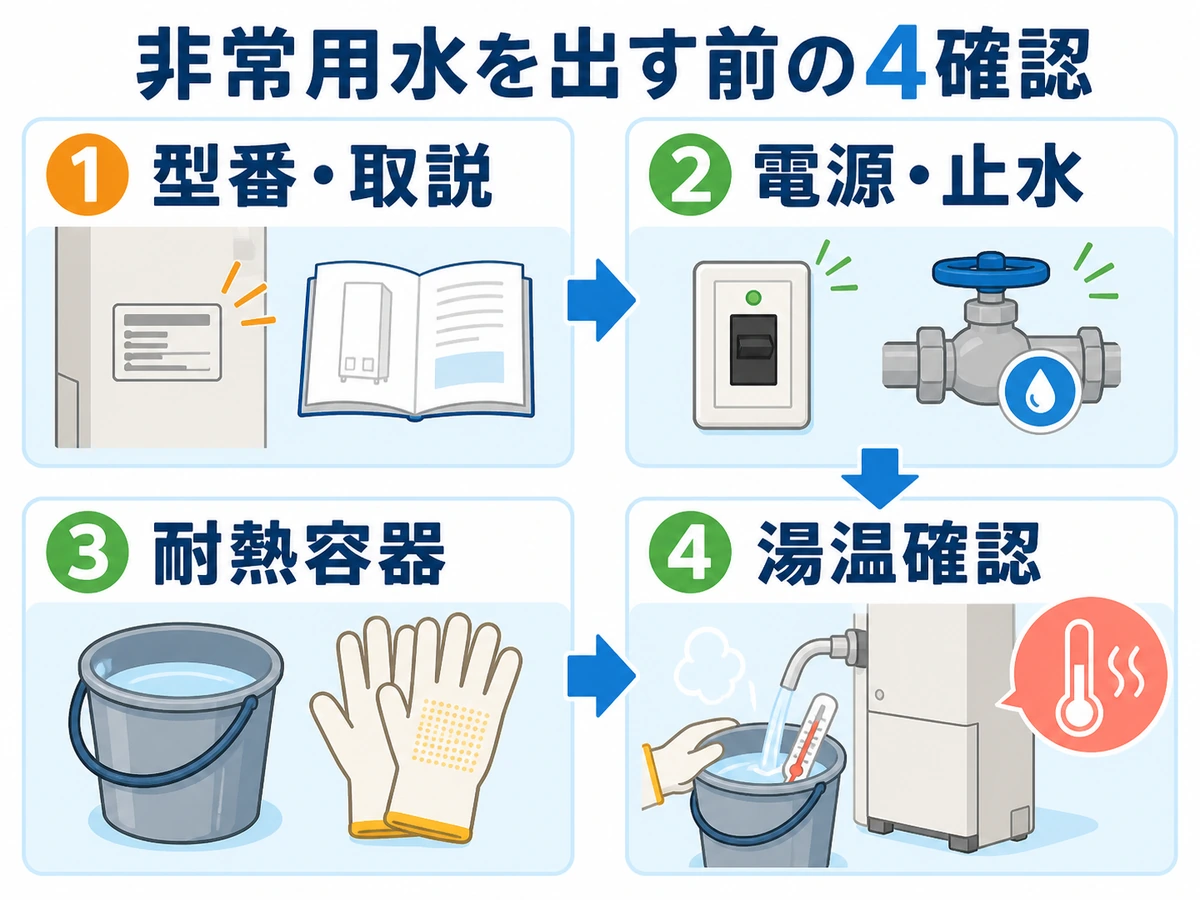 エコキュートの非常用水を取り出す前に型番・取説、電源・止水、耐熱容器、湯温を確認する流れ
