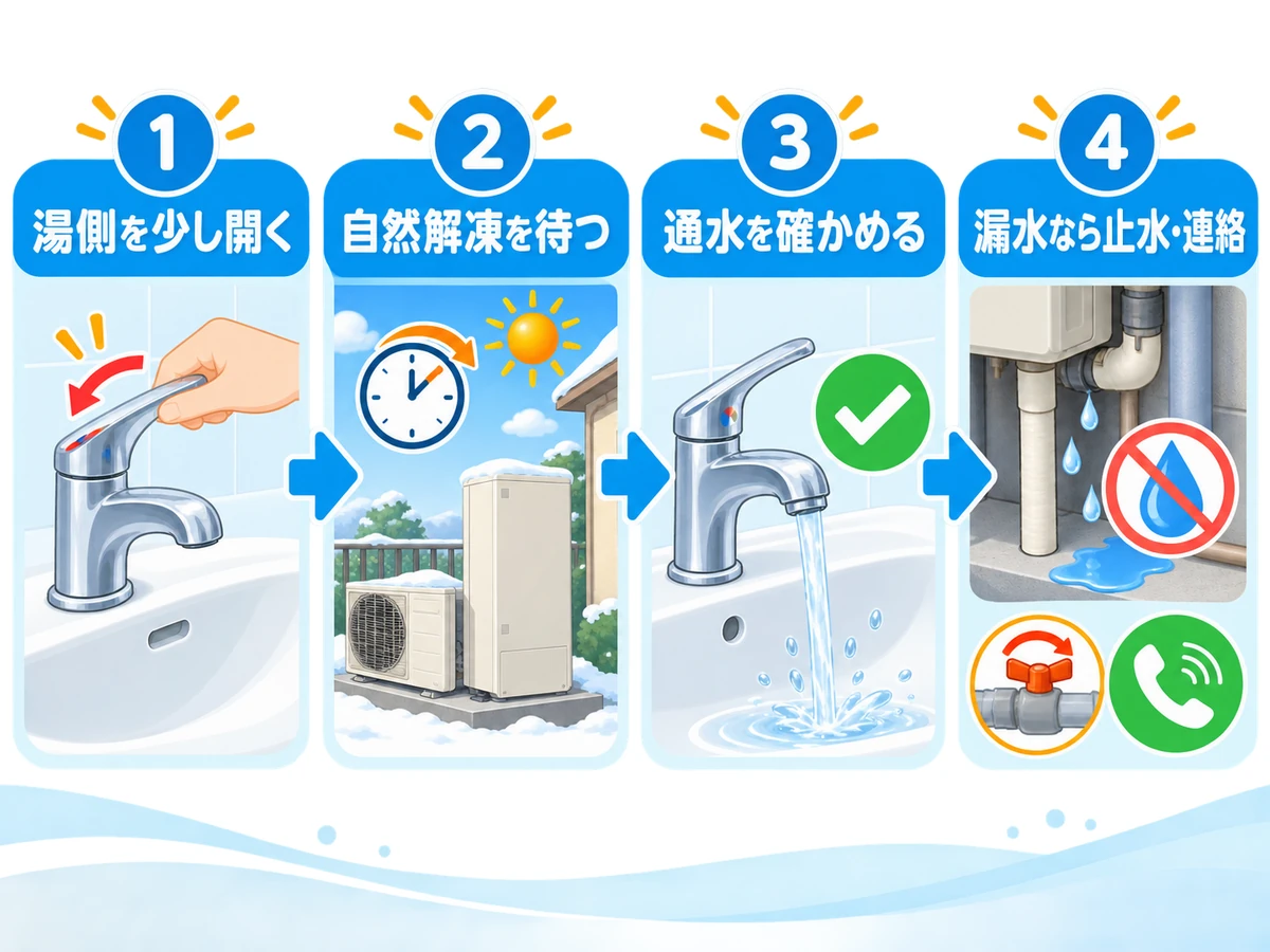 湯側の蛇口を少し開けて自然解凍を待ち、通水と漏水を確認する4段階